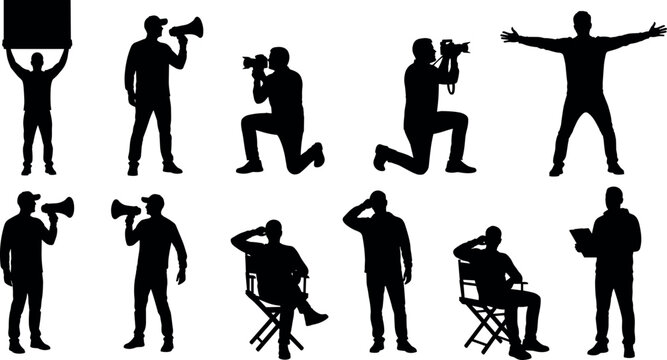 Black silhouettes of people in film production and public speaking roles, vector artwork for media, performance, and design content