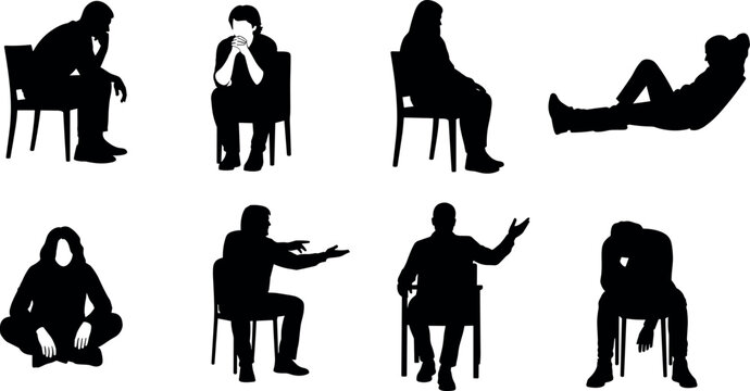  Black silhouette vector illustration of people seated and reclining in expressive poses showing contemplation, distress, relaxation, gesture, and emotion concept