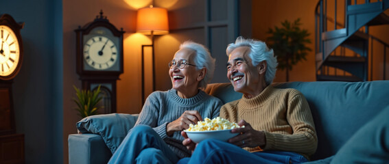 Obraz premium Elderly couple laughs while watching TV and eating popcorn on couch. Mature man and woman enjoy movie night at home. Relaxed seniors share snack bowl, happy together indoors. Cozy evening pastime.