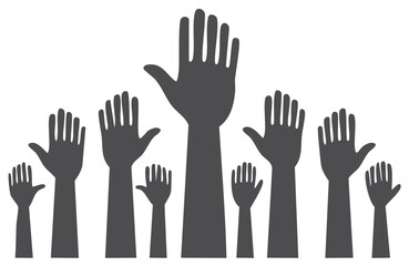 Obraz premium Silhouette of multiple hands raised in the air, symbolizing voting and support