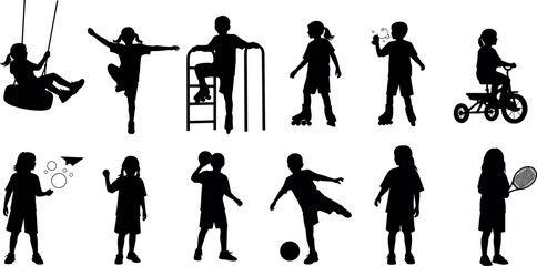 Fototapeta premium Black silhouette vector illustration of children playing, sports, and recreational activities, childhood movement, fun, exploration, and development concept
