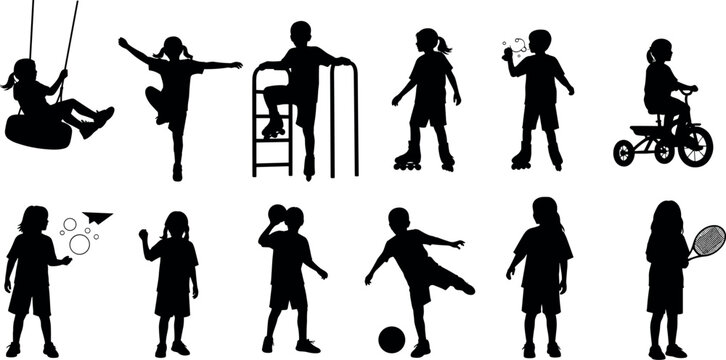 Black silhouette vector illustration of children playing, sports, and recreational activities, childhood movement, fun, exploration, and development concept