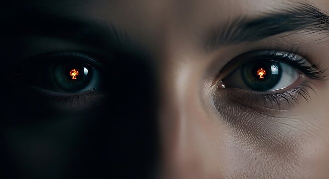 Close up of human eyes with nuclear explosion reflections symbolizing destructive power