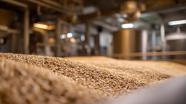 Close-up of golden grain or malted barley piled high in a large industrial setting, ready for processing in a food or beverage facility
