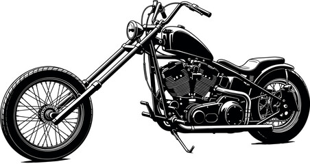  Black silhouette vector illustration of chopper motorcycle with extended forks, custom frame, large rear wheel, and mechanical design concept © MdBalal