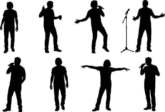  Black silhouette vector illustration of singers performing with microphones in expressive stage poses, music, entertainment, concert, and vocal expression concept