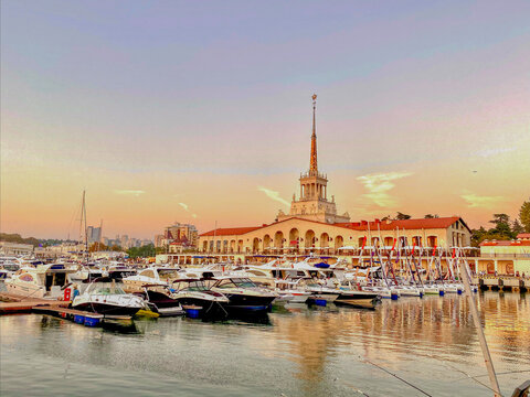 Yachts and ships in the port of sochi russia