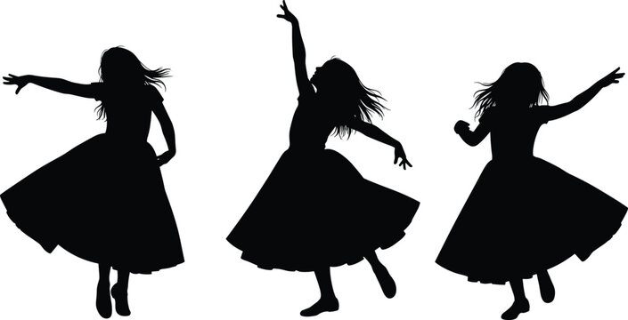 Dancing woman silhouettes in expressive poses, graceful movement illustration, performing arts vector design, elegant female dancer body language concept