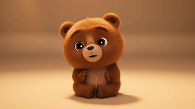 Adorable fluffy teddy bear sits comfortably on a beige background animated character design for childrens content and projects