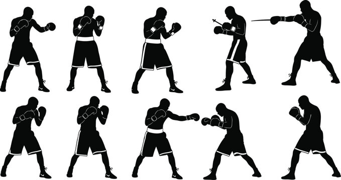 Boxer silhouette sequence showing stances, jabs, hooks, and uppercuts, vector illustration for sports training, technique, and design projects