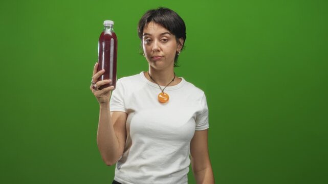 Young woman holding pomegranate juice bottle in studio, presenting the bottle with a raised hand and a slight squint at the label; product testing skepticism.