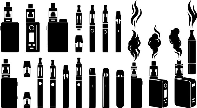 Vape linear icons set. Outline simple vector of electronic cigarette with smoke. Contour isolated pictogram on white background
