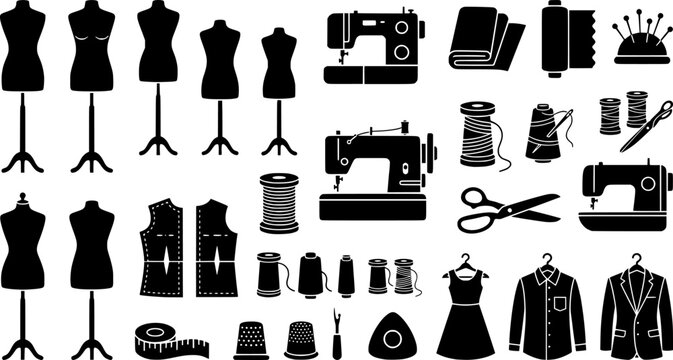 Fashion design line icons set &ndash; outline style sewing and tailoring symbols for diy crafting and clothing design: dress form, sewing machine, fabric swatches, scissors, dress pattern, textile