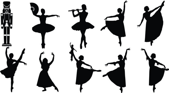 Nutcracker ballet silhouettes, dancers in graceful poses, holiday performance, classical dance, festive illustration, artistic expression, vector art resource