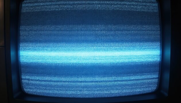 Old tv screen shows blue static noise. Glitchy signal on analog television broadcast. Retro device with horizontal lines, no channel display.