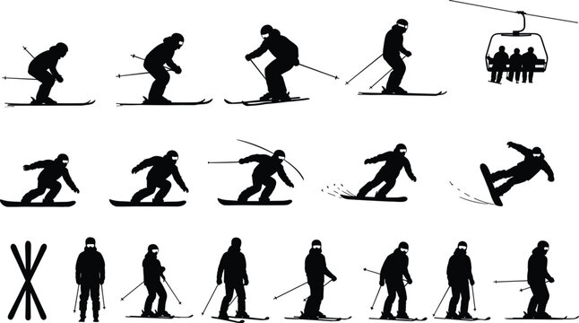 Silhouette illustration of skiing and snowboarding activities with ski lift, winter sports poses, dynamic movement, equipment vector design content