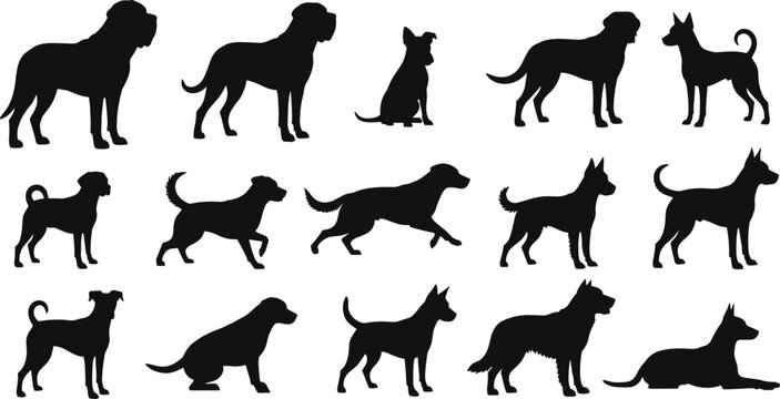 Dog breed silhouettes in diverse poses, standing, walking, lying down, vector illustration for design, artwork, pet themes