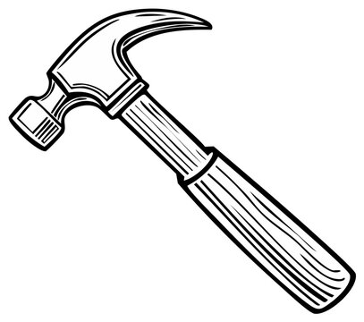 Detailed black and white illustration of a hammer construction tool.