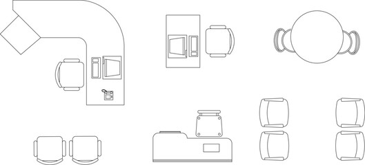 Technical interior design plan view showing office furniture layouts including desks, chairs, reception counter and round table arrangement. © Riki