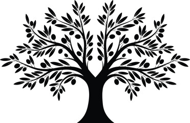 Obraz premium Silhouette of a stylized tree with branches, leaves, and fruits, bold symmetrical design, nature symbol vector illustration artwork