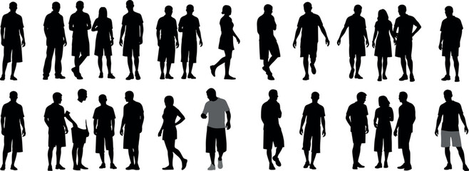  Black silhouette vector illustration of diverse human figures in multiple standing poses, gestures, stances, communication, and expressive body language concept © MdBalal