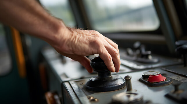 Close-up of a train operator's hand on a control lever, showing focus and precision in vintage transportation machinery operation