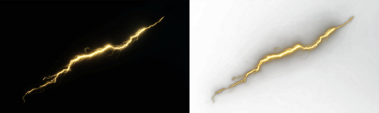 Diagonal golden lightning discharge with sparkling electric energy for gaming vfx and graphic design