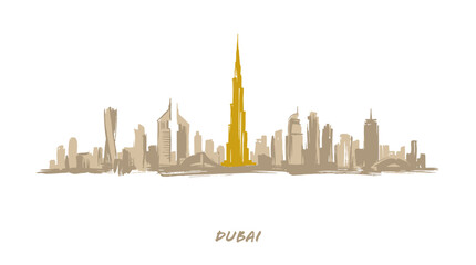 Obraz premium Stylized minimalist illustration of the Dubai skyline featuring a golden Burj Khalifa towering above other iconic buildings against a white background.