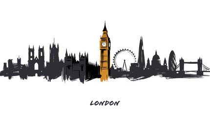Obraz premium A stylized silhouette of the iconic London skyline featuring prominent landmarks like Big Ben, London Eye, and Tower Bridge, with Big Ben highlighted in gold.
