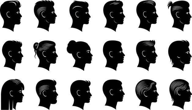 Black silhouette vector illustration of diverse human head profiles with hairstyles, buns, ponytails, fades, undercuts, fashion