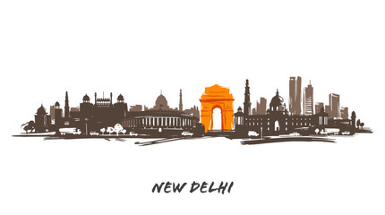 Obraz premium A stylized silhouette skyline of New Delhi, India, featuring iconic landmarks like the India Gate highlighted in orange.