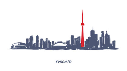 Obraz premium A stylized silhouette of the Toronto skyline, featuring the iconic CN Tower prominently in red against a backdrop of blue skyscrapers.