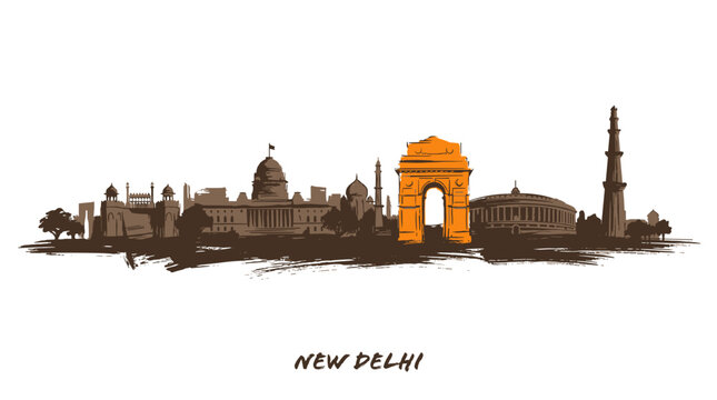 Stylized silhouette skyline of New Delhi featuring iconic landmarks like India Gate and Qutub Minar against a white background.