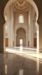 Fototapeta premium Ornate mosque interior with grand arches and golden dome. Sunlight streams through tall windows, illuminating marbled floors. Peaceful Islamic architecture, perfect for religious or cultural features.