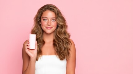 Naklejka premium A smiling young woman holds a skincare product against a pink background, showcasing beauty and confidence.