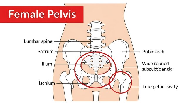 Anatomical illustration of a female pelvis with labeled parts