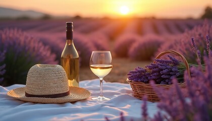 Naklejka premium Picnic setup in lavender field at sunset. Bottle of white wine, glass of wine, straw hat, and basket with lavender bouquet on white cloth. Golden hour light bathes scene.