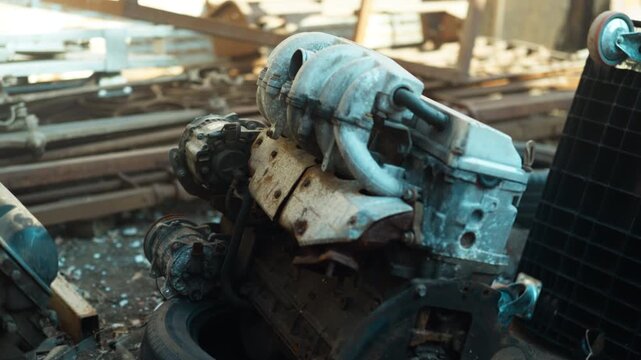 Rusty, dusty, and greasy internal combustion engine parts needing repair