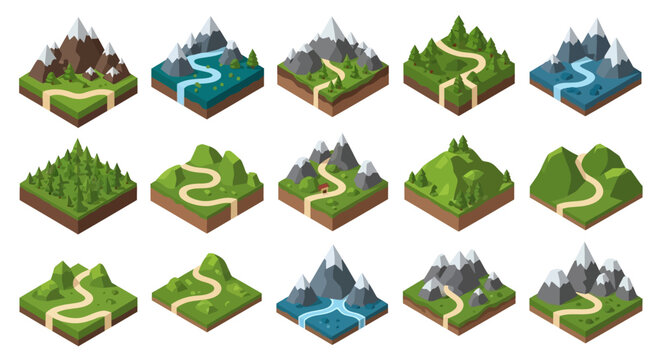 Isometric landscape tile set featuring mountains rivers and paths in a geometric design silhouette high quality professional detailed modern elegant stylish
