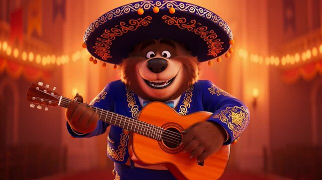 Animated bear mariachi musician performing festive celebration with guitar wearing sombrero and traditional blue suit with gold embroidery