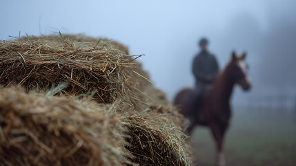 Rustic Hay Bales in Foreground with Equestrian Rider on Horseback in Atmospheric Foggy Landscape, Evoking Calm Rural Serenity