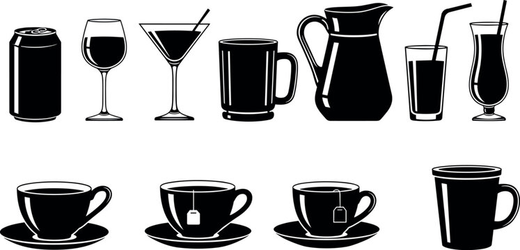 Silhouettes of beverage icons including soda can, wine glass, coffee mug, teacup, cocktail, pitcher, drinkware vector illustration design