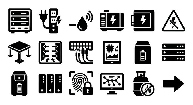 Solid black icons for data center management and IT infrastructure. Server racks, UPS units, and leak sensors collection. Vector illustration for network management apps, IT blogs, and technical infra