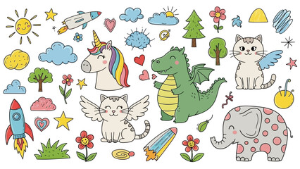 Cute Hand-Drawn Fantasy Creatures and Nature Elements for Kids Design © bagmany