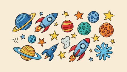 Set of hand drawn cartoon space elements including rockets, planets, and stars © bagmany