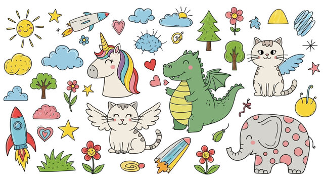Cute Hand-Drawn Fantasy Creatures and Nature Elements for Kids Design