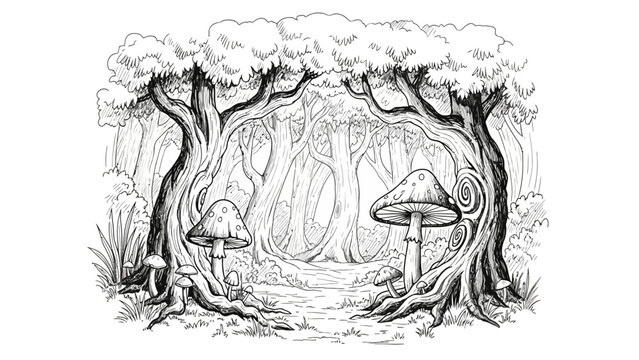 Black and white line art illustration of an enchanted forest with large trees and mushrooms