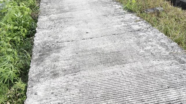 Narrow concrete road with rough texture in a rural agricultural area