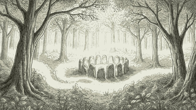 Mystical stone circle in a dense ancient forest clearing.