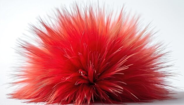 Bright red fluffy pompom isolated on white background. Fuzzy ball shows soft texture and depth. Vivid single object detail on clean studio backdrop. Craft design material element.